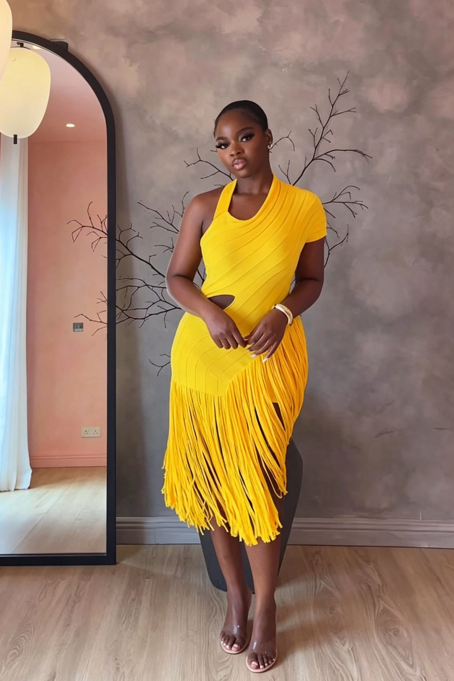 Vibrant Yellow Cutout Midi Dress