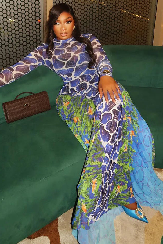 Exotic Blue Print Turtle Neck Maxi Dress