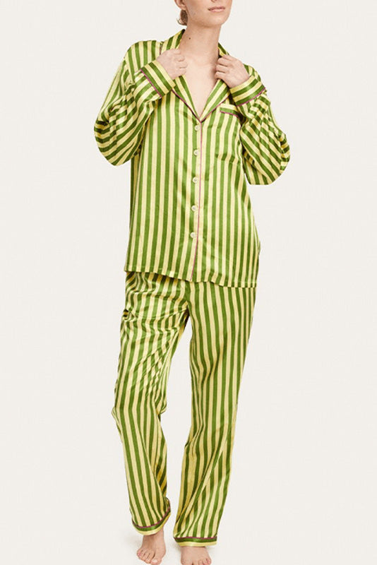 Vintage Green Striped Long Sleeve Pajama Set