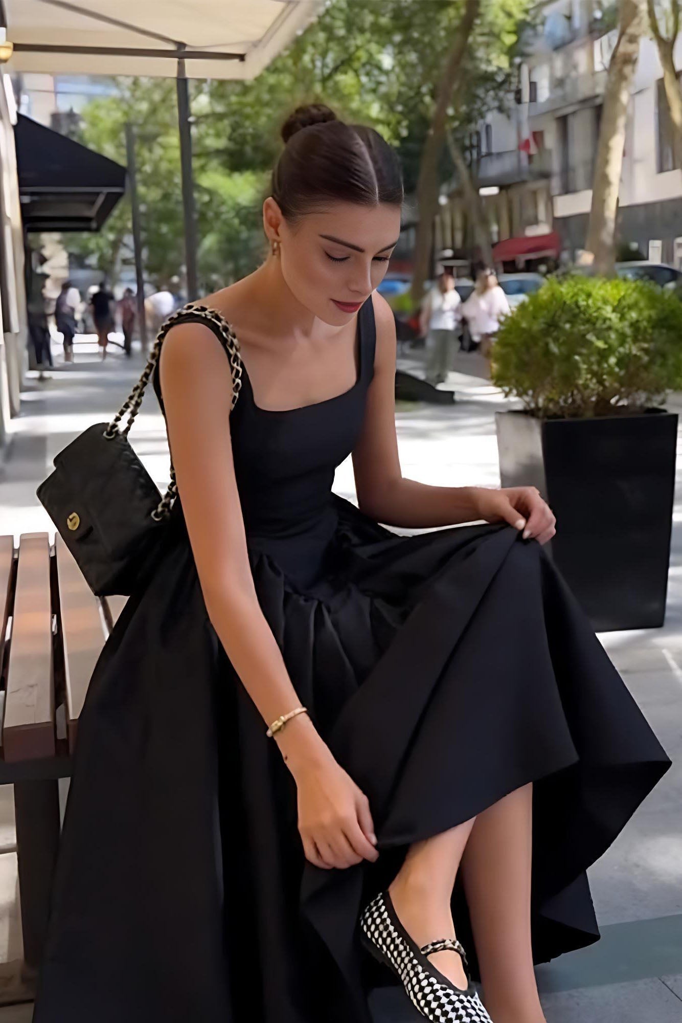 Black Square Neck Back Bow Midi Dress