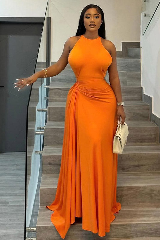 European & American Style Ruched Maxi Dress