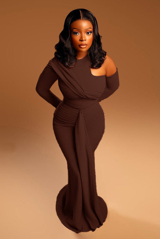 Elegant Solid Brown Maxi Dress