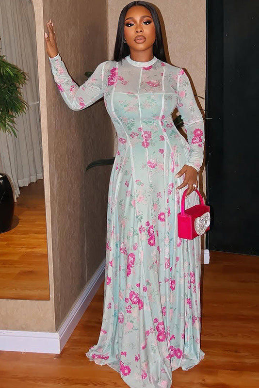 Spring Garden Print A-Line Maxi Dress