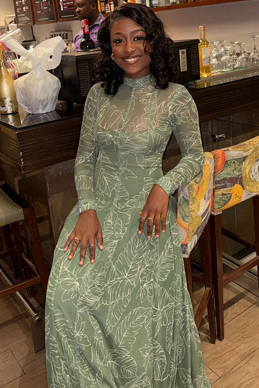Botanical Print Sheer Mesh Maxi Dress