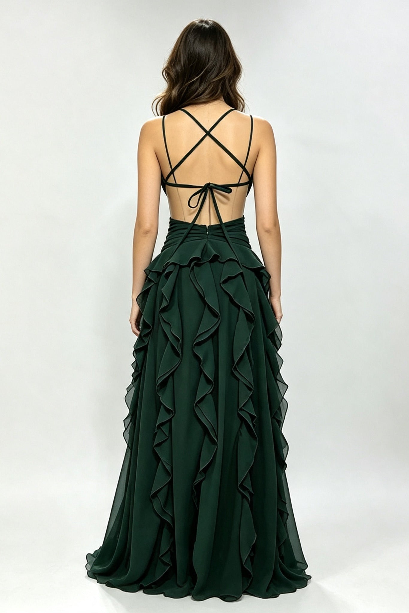 Deep V Cross Tie Backless Multi Ruffle Maxi Dress
