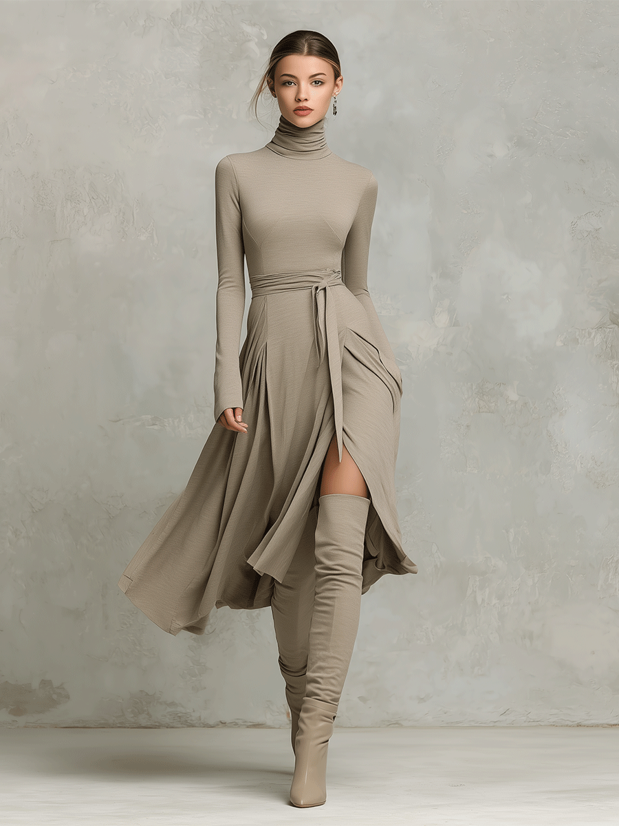 Figure-flattering Long Sleeves Knit Midi Dress