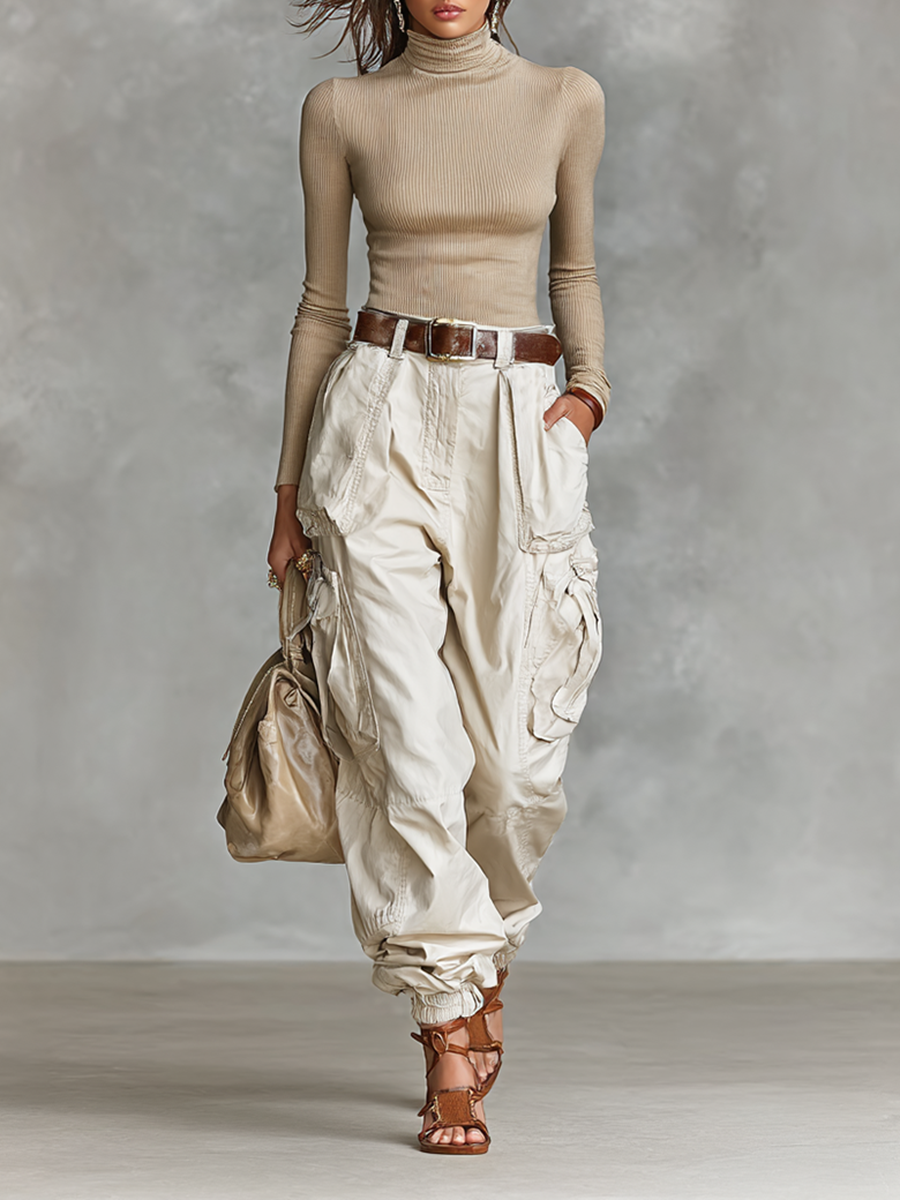 Tight High Neck Long Sleeve T-shirt Two-piece Set