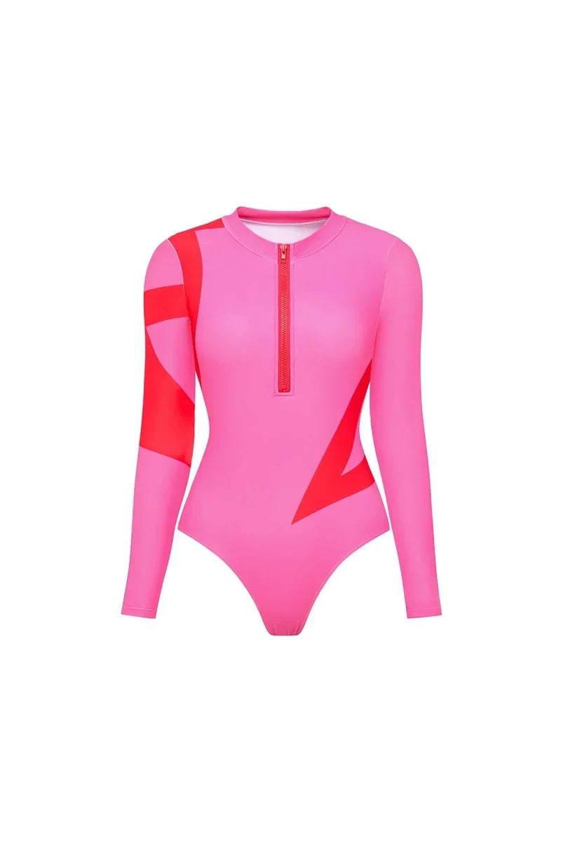 Colorblock Long Sleeve Surf Swimsuit Set