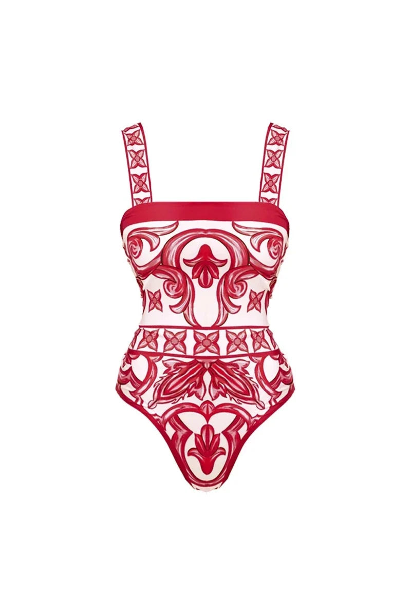 Ethnic Print One-Piece Swimsuit Set