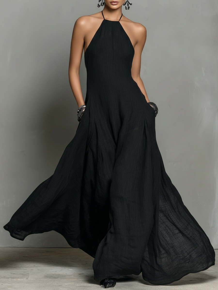 Minimalist Linen-Blend Halter Neck Maxi Dress