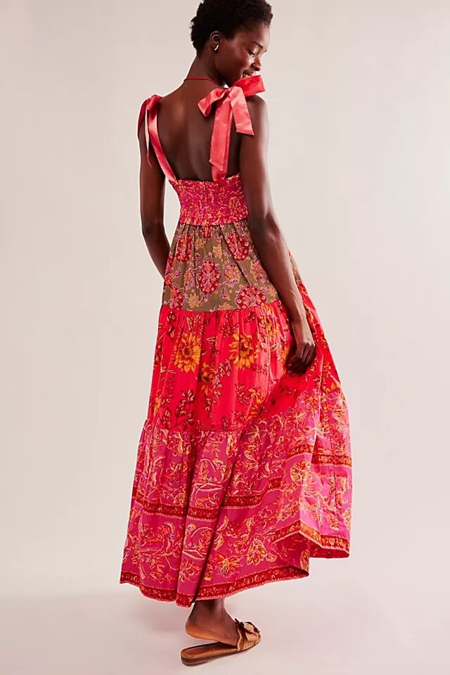 Bow-Strap Floral Tiered Maxi Dress