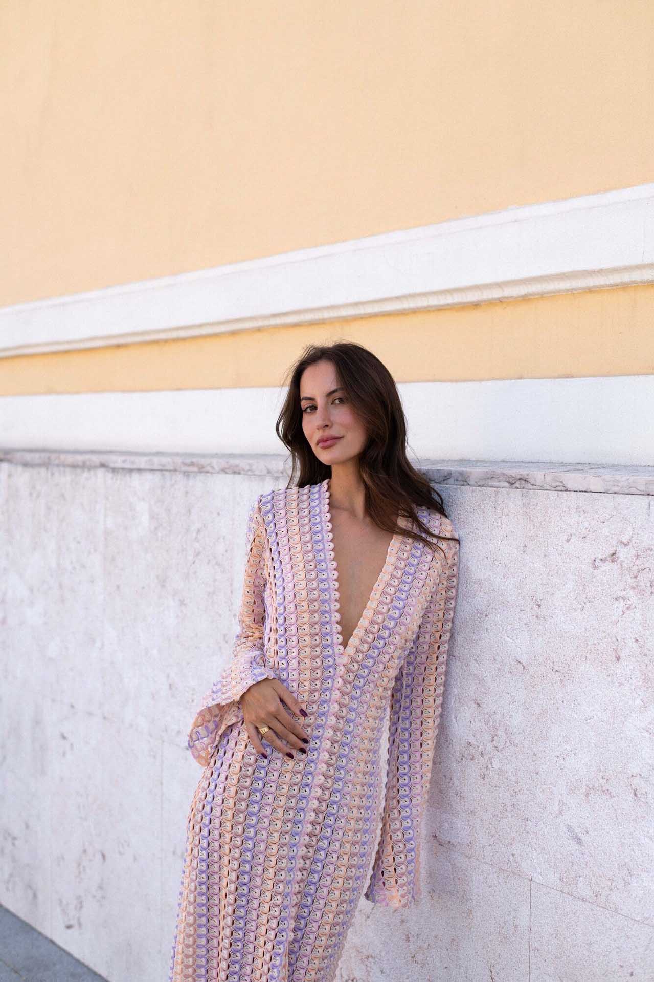 Boho V Neck Bell Sleeve Wavy Striped Maxi Dress