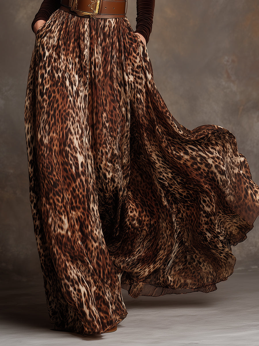 Turtleneck Velvet Top & Leopard Print Skirt Set