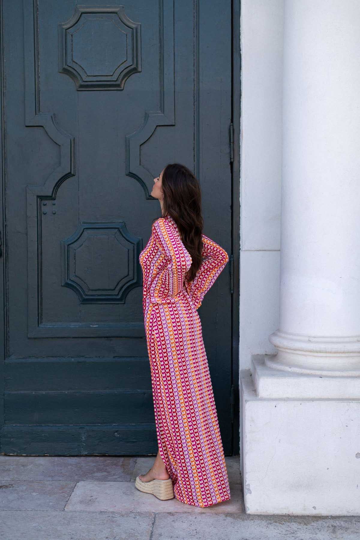 Boho V Neck Bell Sleeve Wavy Striped Maxi Dress