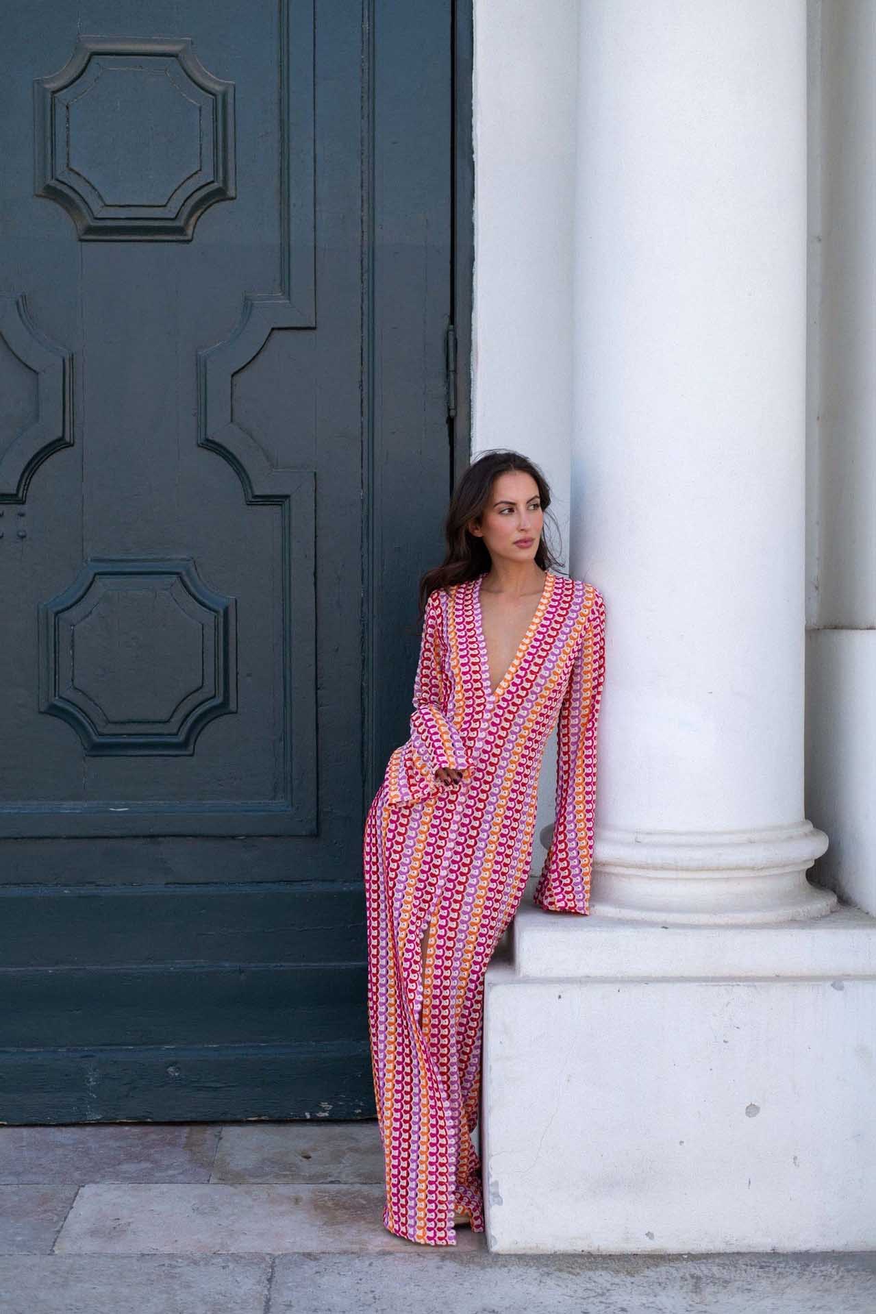 Boho V Neck Bell Sleeve Wavy Striped Maxi Dress