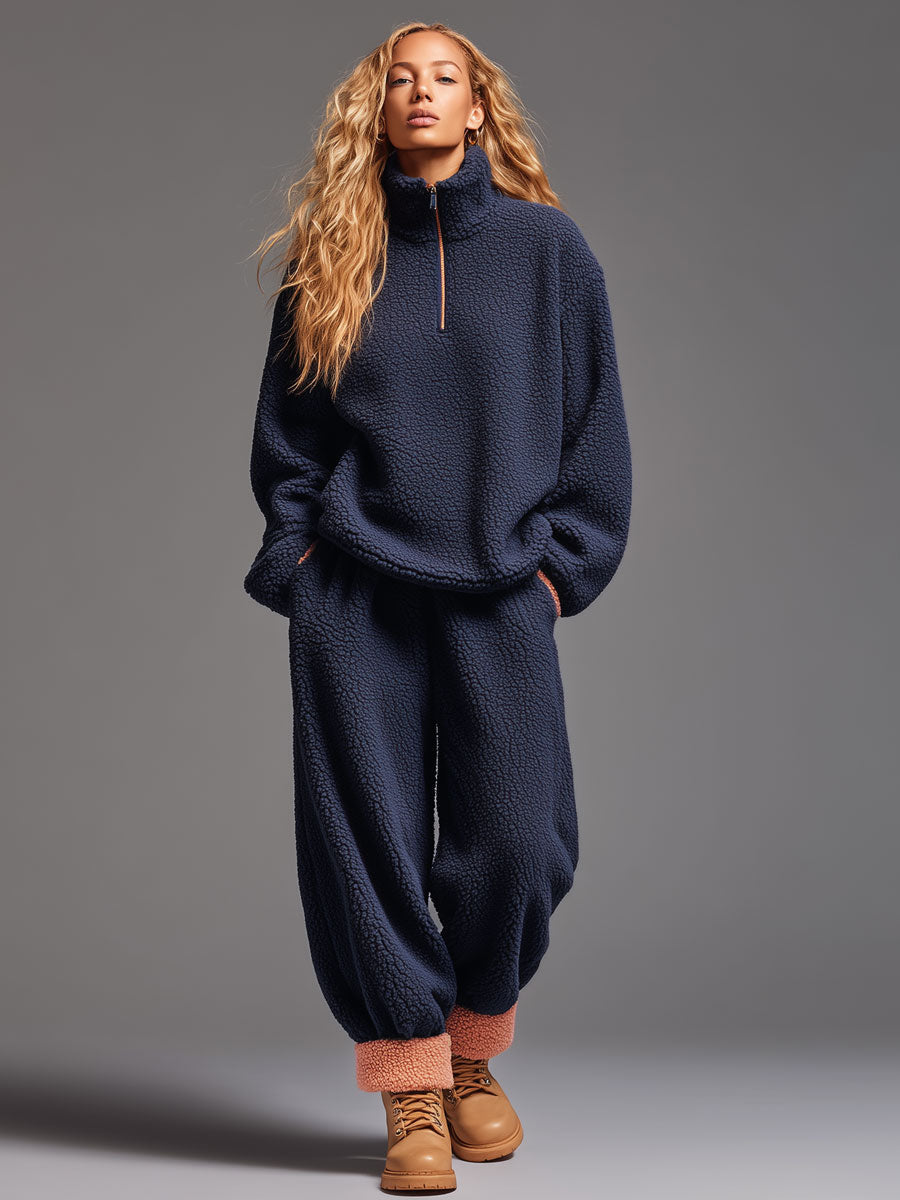 Navy Blue Polar Fleece Half-zip Pants Sports Set