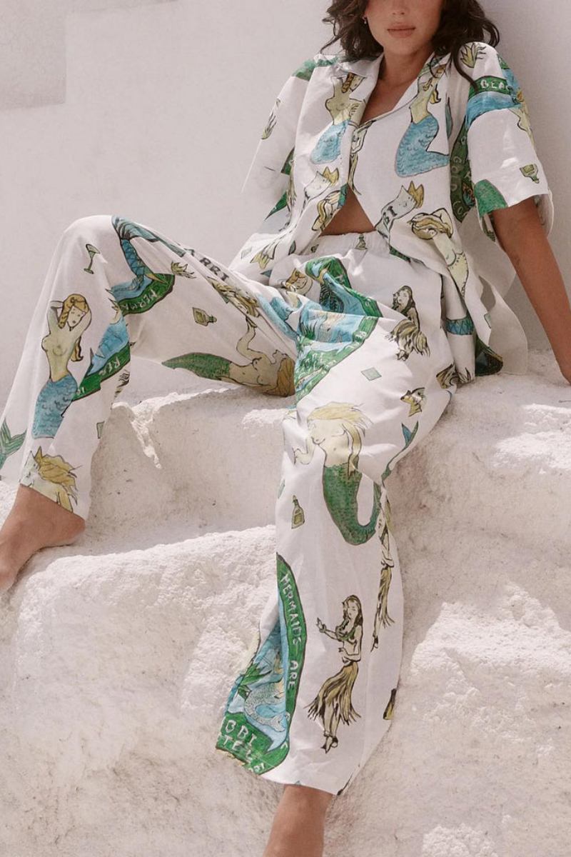 Mermaid Print Shirt Wide-Leg Pants Two-Piece Set