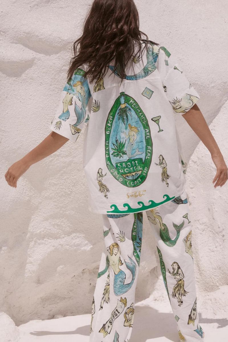 Mermaid Print Shirt Wide-Leg Pants Two-Piece Set