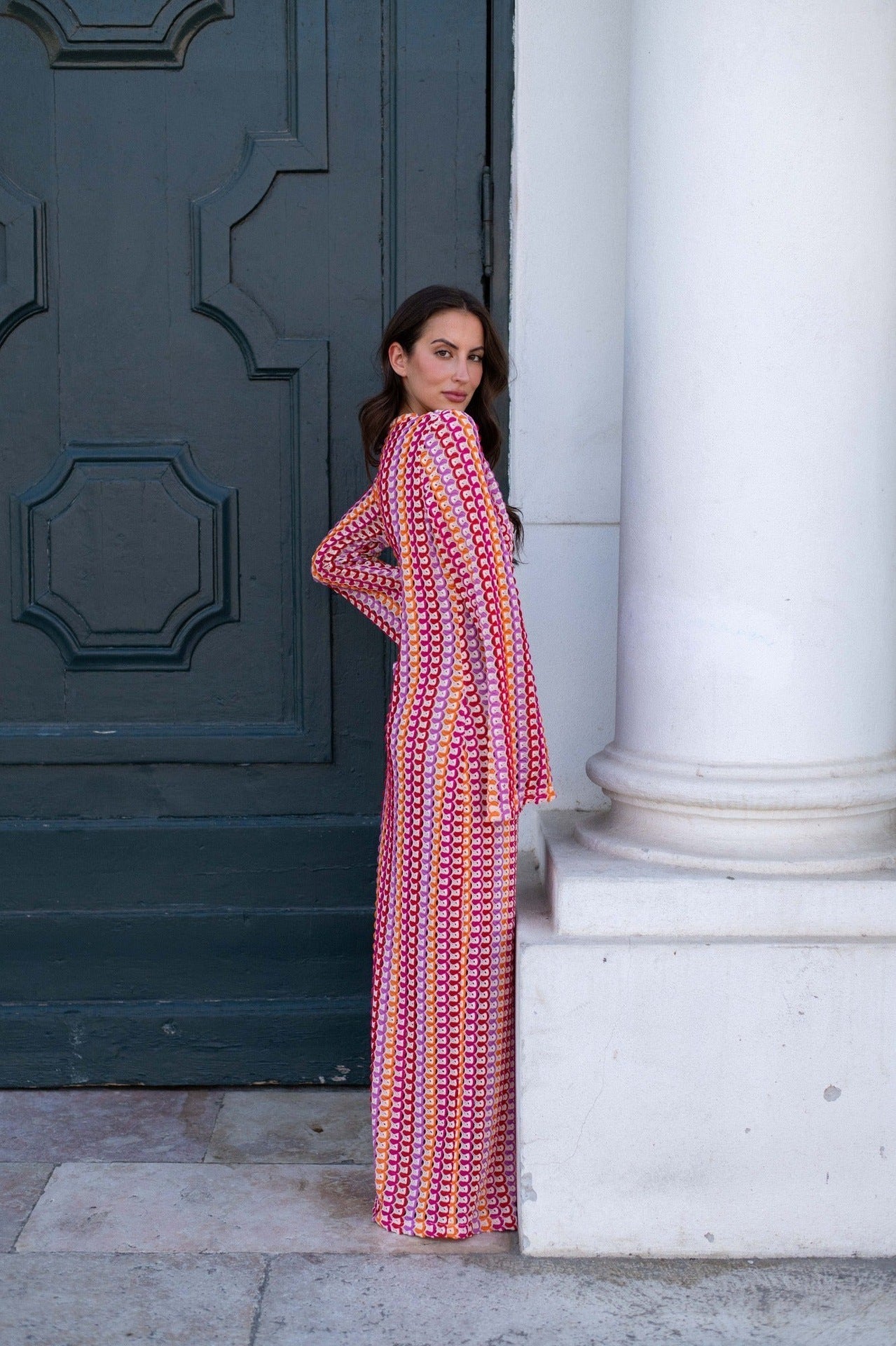 Boho V Neck Bell Sleeve Wavy Striped Maxi Dress