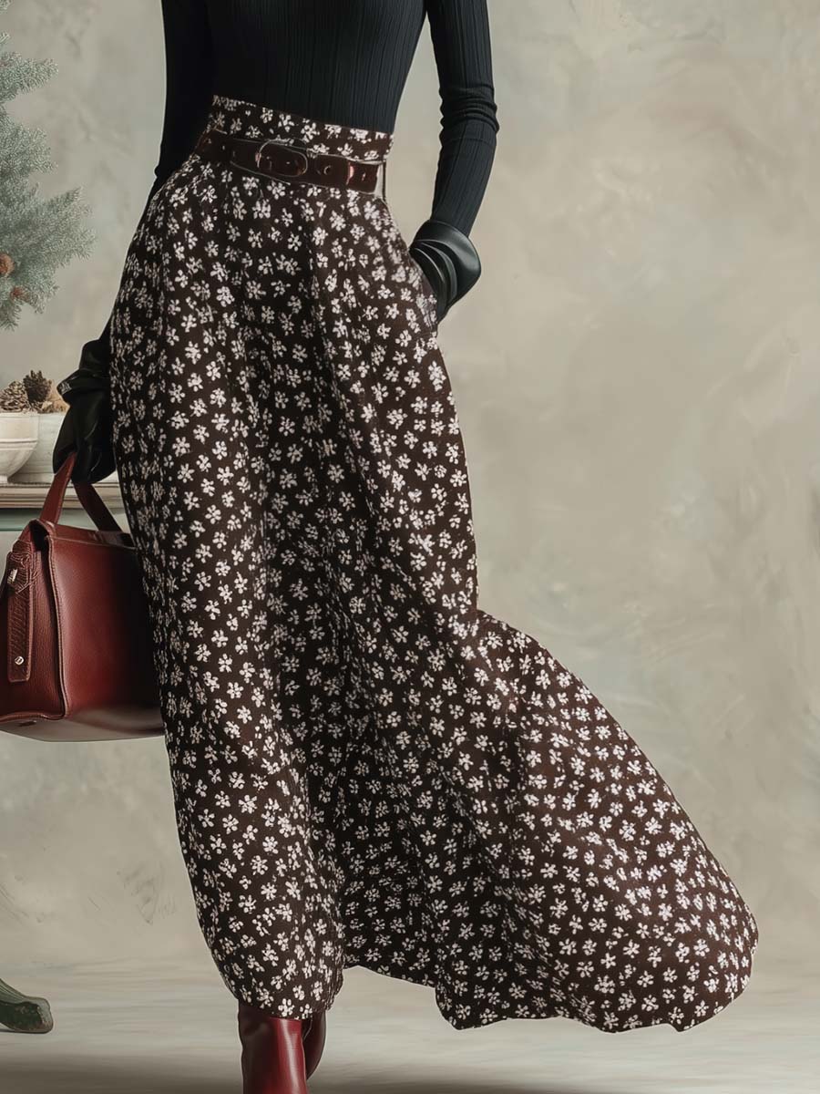 Retro Black Turtleneck Top Brown Print Skirt Set