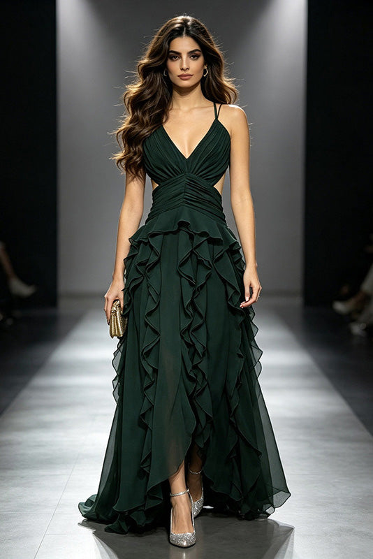 Deep V Cross Tie Backless Multi Ruffle Maxi Dress