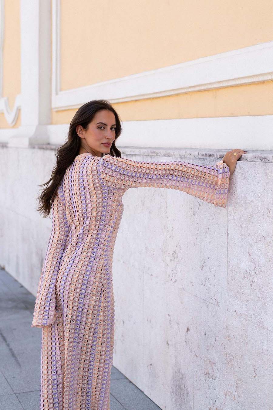 Boho V Neck Bell Sleeve Wavy Striped Maxi Dress