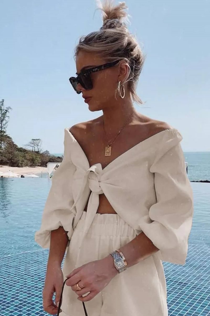 Linen Wrap Front Puff Sleeve Shorts Sets In Khaki