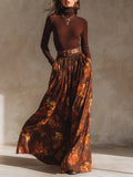 Retro Turtleneck Knitted Top & Printed Skirt Set