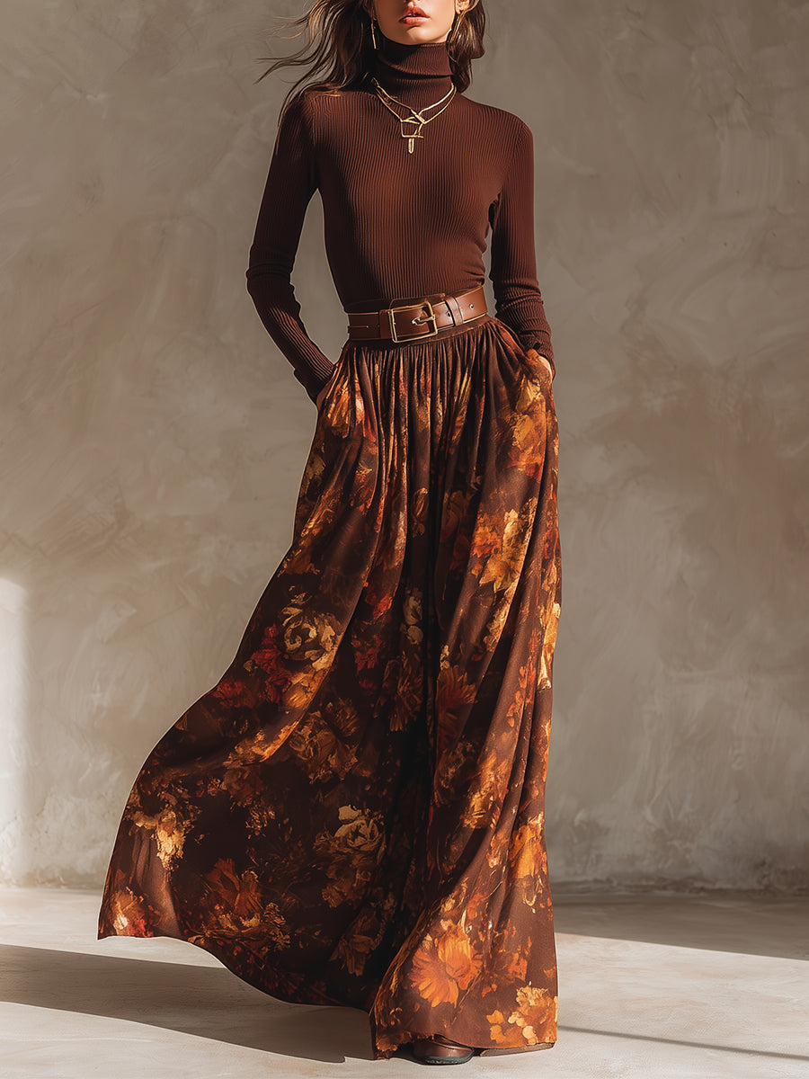 Retro Turtleneck Knitted Top & Printed Skirt Set