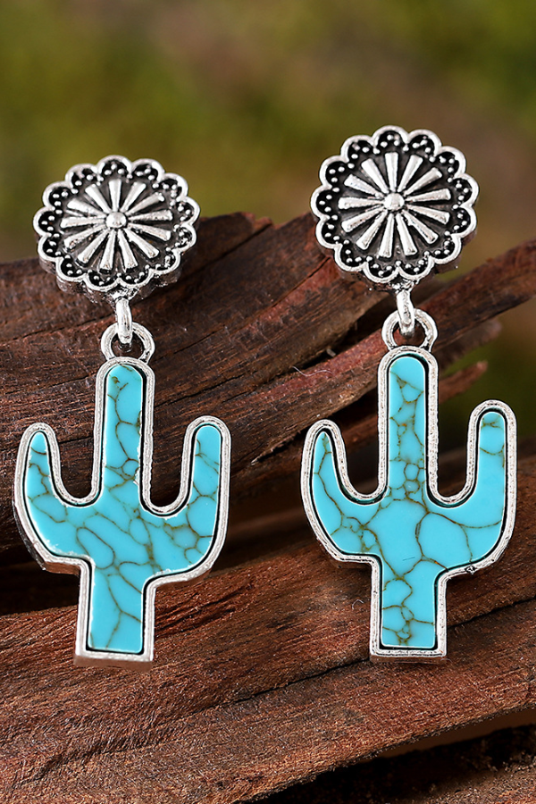 Western Retro Turquoise Cactus Flower Earrings