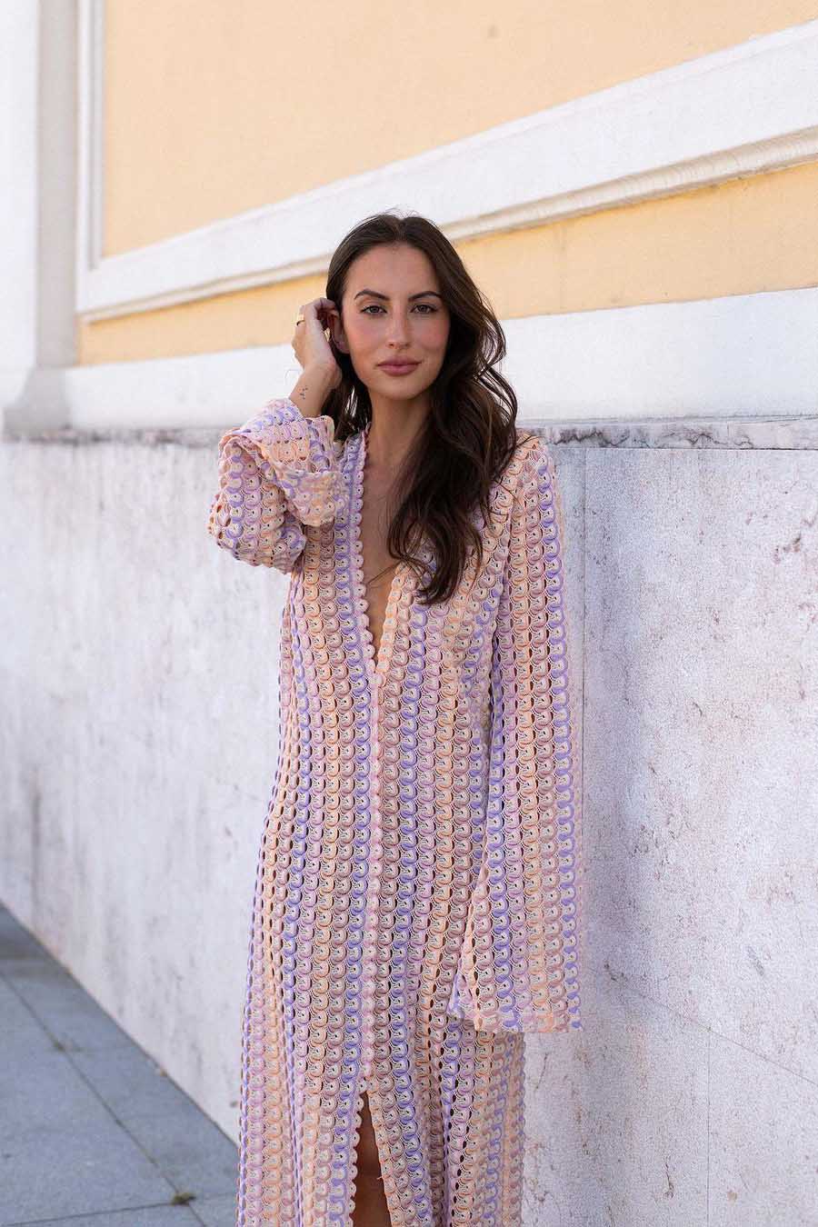 Boho V Neck Bell Sleeve Wavy Striped Maxi Dress