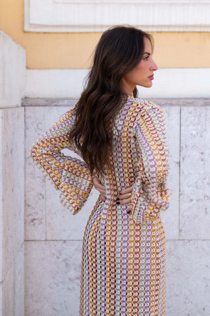 Boho V Neck Bell Sleeve Wavy Striped Maxi Dress