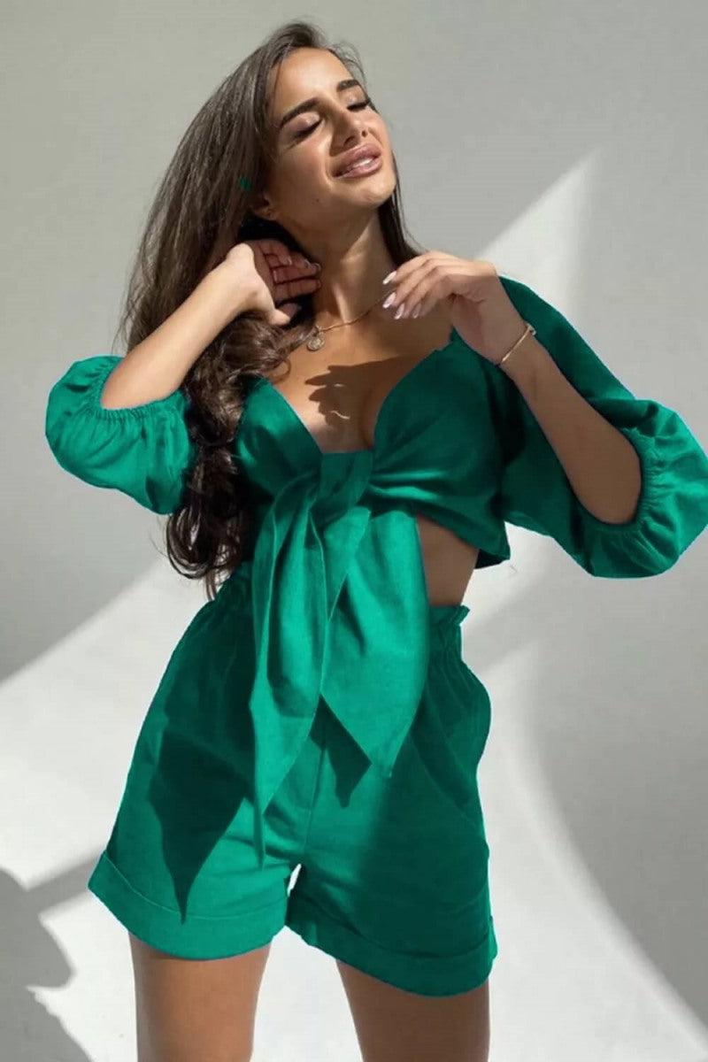 Linen Wrap Front Puff Sleeve Shorts Sets In Green