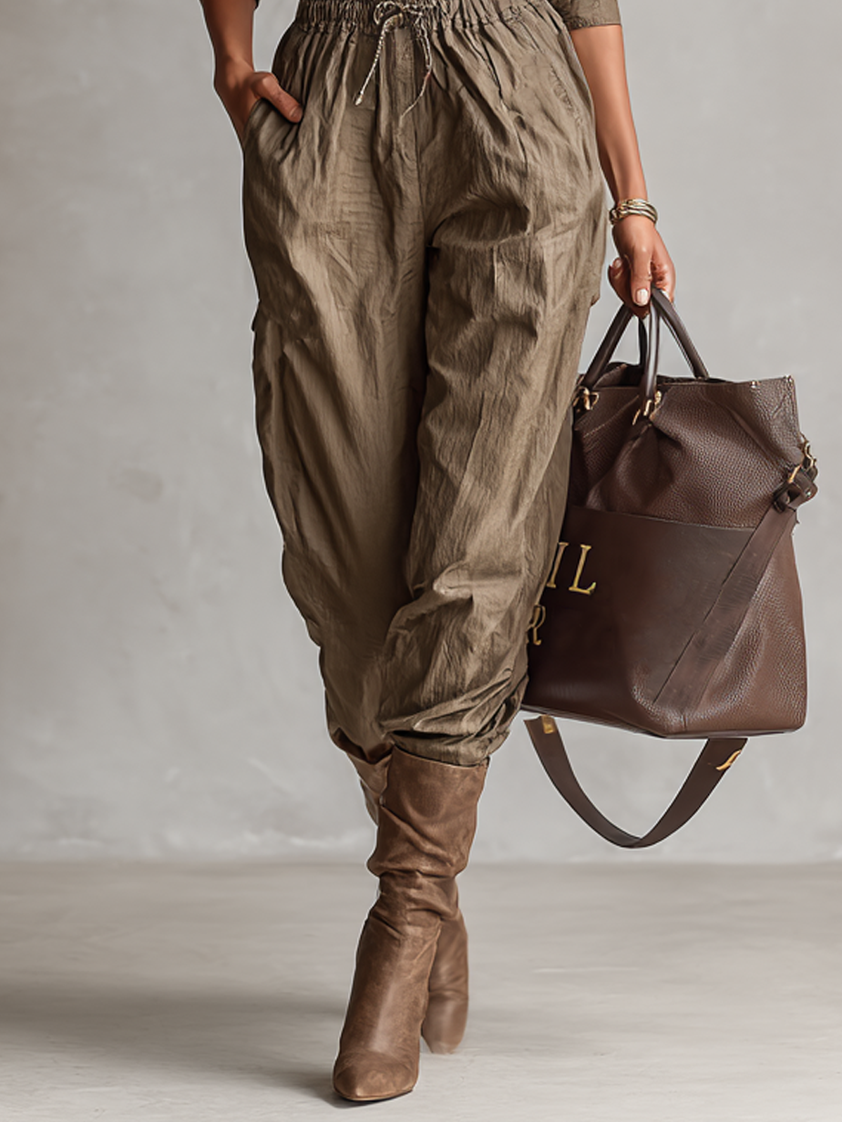 Women's Shirt Collar Button Drawstring Jumpsuit