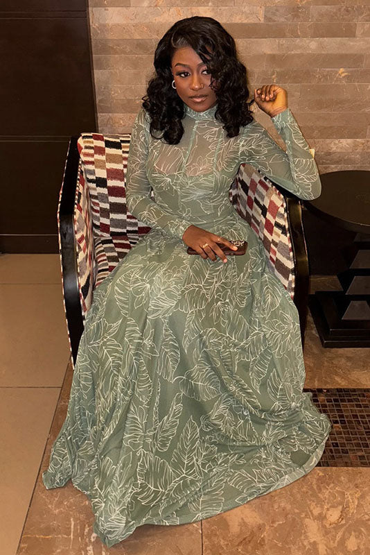 Botanical Print Sheer Mesh Maxi Dress