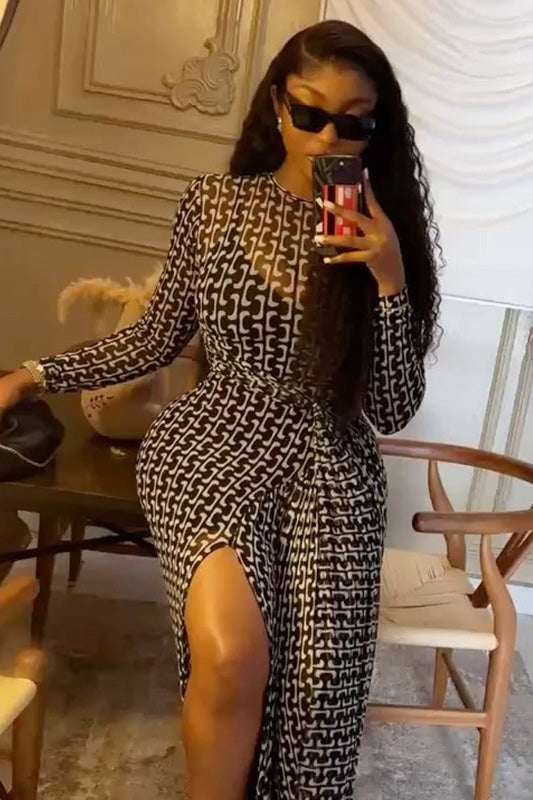 Op Art Chain Print Sheer Maxi Dress