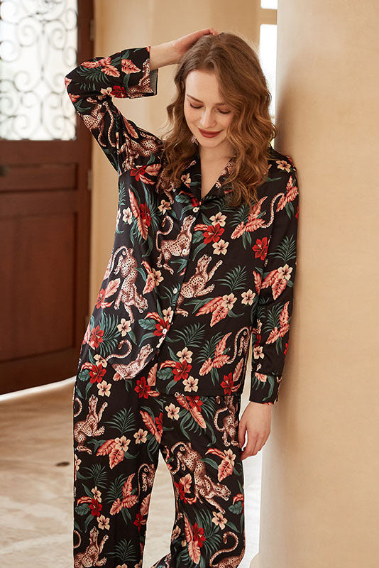 Jaguar Floral Print Ice Silk Long-Sleeve Set