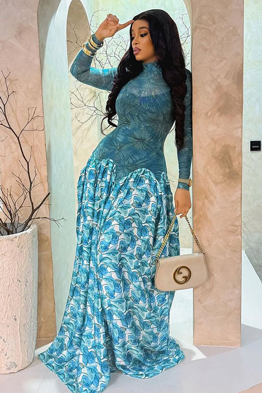 Blue Abstract Leaf Print Mesh Maxi Dress