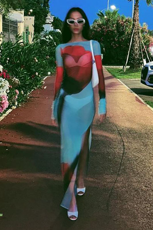 Abstract Print Sheer Maxi Dress