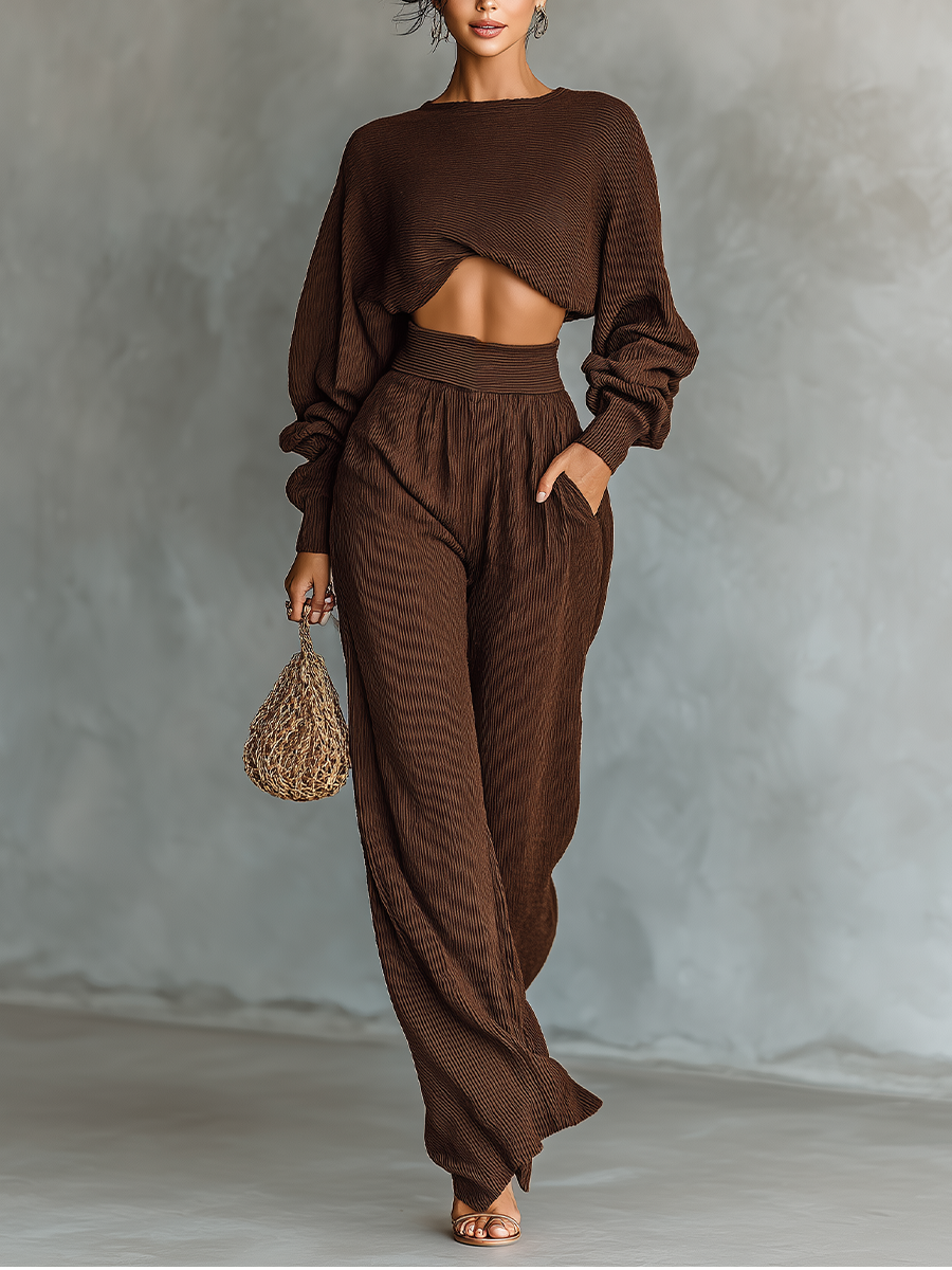 Coffee-colored Top And Wide-leg Pants Knitted Set