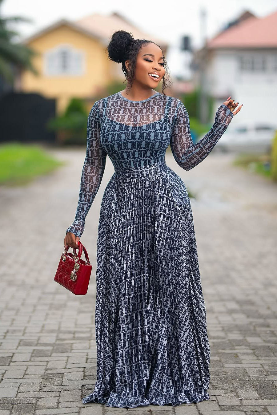 Gradient Chain-Pattern Sheer Mesh Maxi Dress