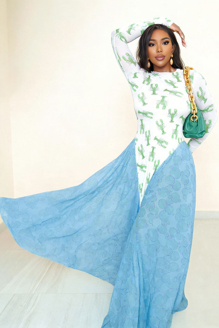 Fun Lobster Print Flowy Maxi Dress