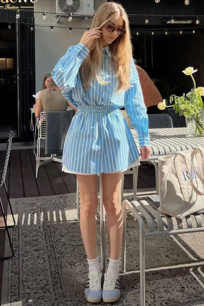 Blue Relaxed Striped Shirt Shorts Set