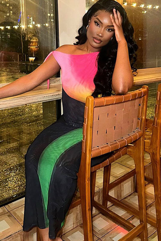 Bold Neon Color-Block Sheer Mesh Bodycon Dress