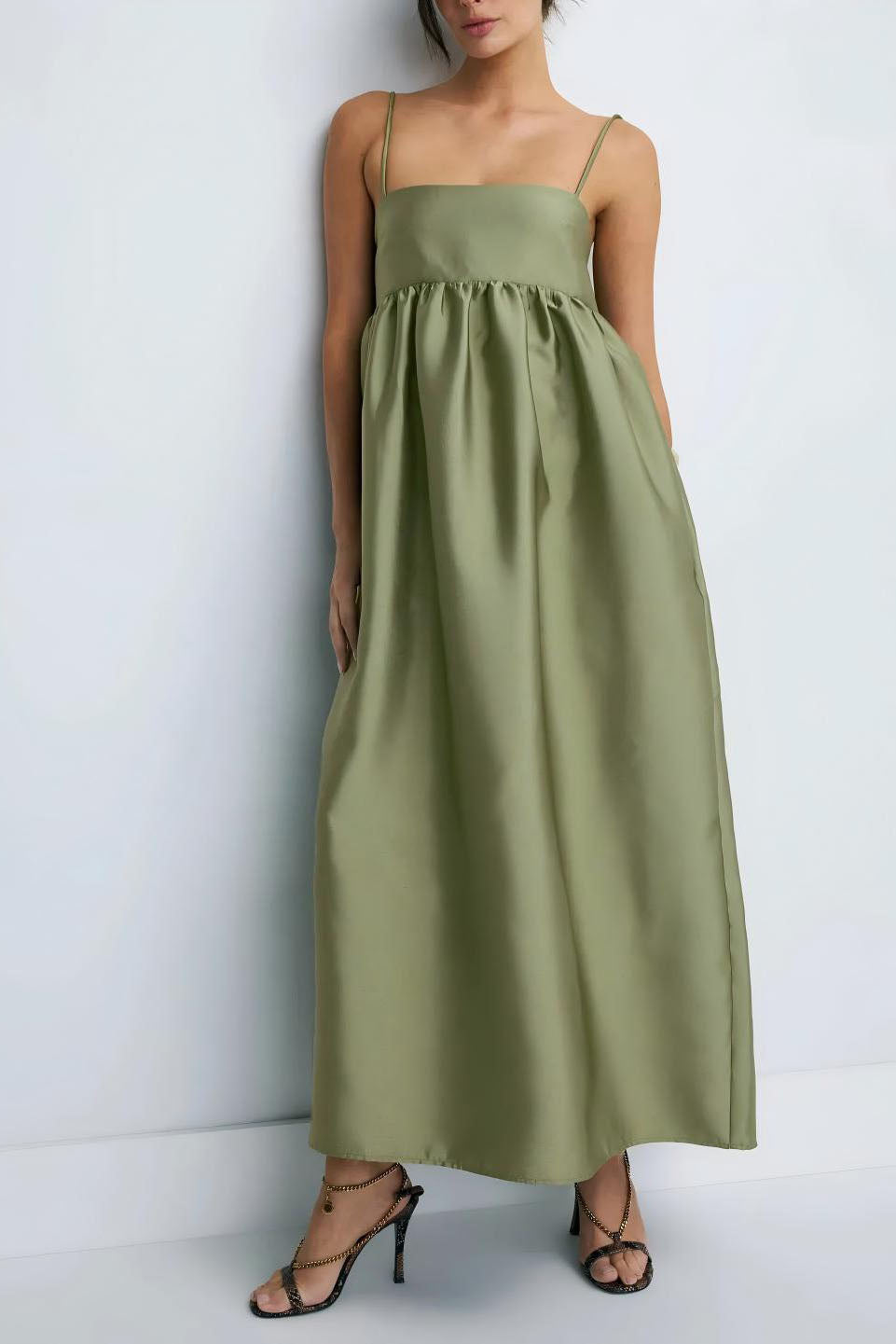 Minimalist Olive Green Babydoll Midi Dress