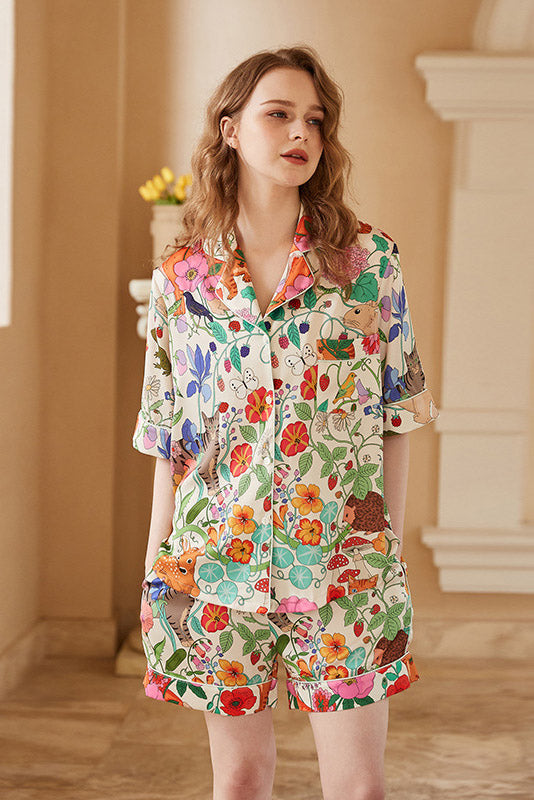 White Forest Garden Print Ice Silk Short Set