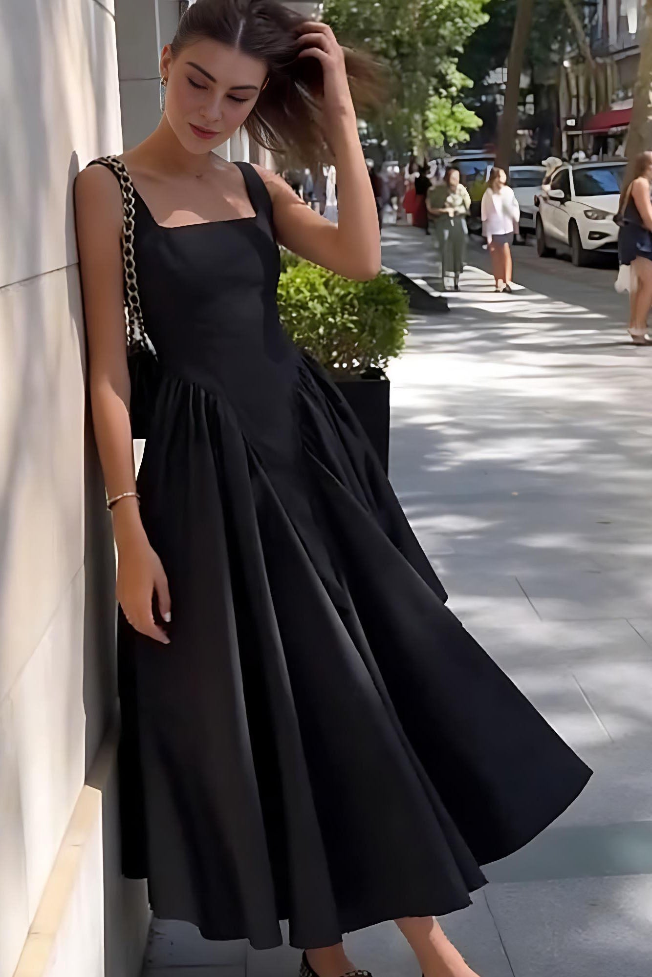 Black Square Neck Back Bow Midi Dress