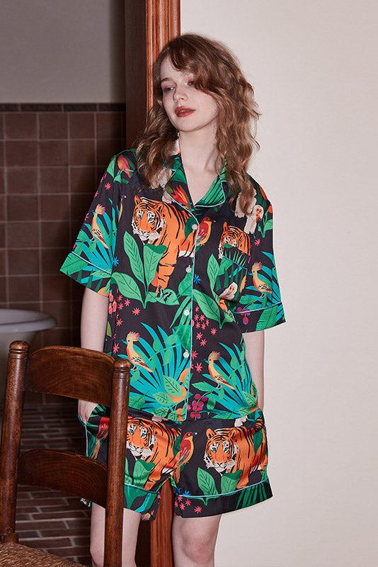 Tiger Monkey Print Short-Sleeve Loungewear Set