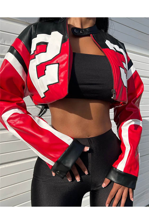 Embroidered Biker Faux Leather Jacket