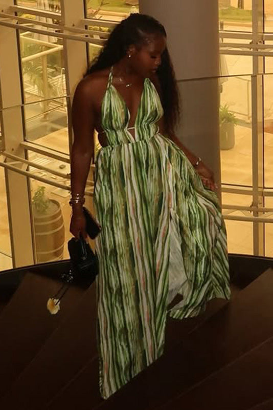Vacation Stripe Halter A-Line Maxi Dress